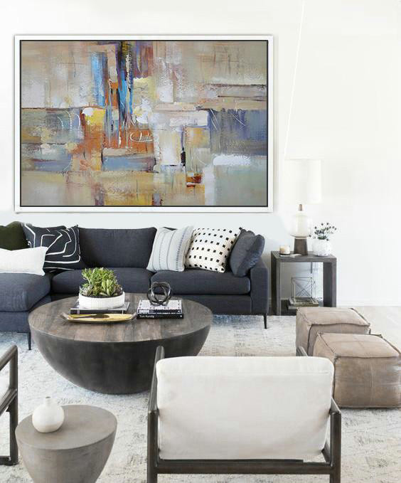 Huge Abstract Painting On Canvas,Oversized Horizontal Contemporary Art,Original Art Acrylic Painting,Grey,White,Earthy Yellow.etc